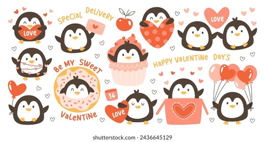 Sweet valentines day penguins cartoon characters holding heart, balloons, garland, romantic letter and jumping from cupcake dessert. Greeting card for congratulation invitation vector illustration set