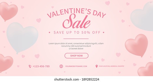 Sweet valentines day sale banner promotion in pastel color with balloon heart symbol vector design concept