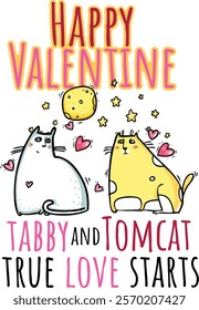 Sweet Valentine's illustration with Tabby and Tomcat cats, complete with a moon, stars, and hearts
