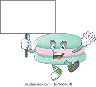 Sweet vanilla blue macarons cartoon character bring a board
