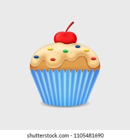 Sweet vanilla cupcake with cherry on white background