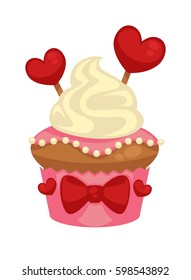 Sweet vanilla cupcake with red hearts and bows decorations isolated on white background. Edible present for beloved on Valentines Day. Delicious bakery product with cute design vector illustration.