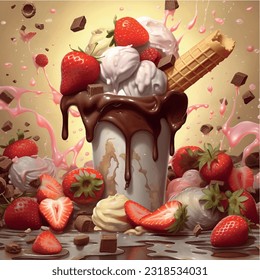 Sweet vanilla ice cream lots of strawberries with chocolate topping 3D vector graphics