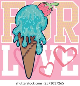 sweet vanilla, mint and strawberry ice cream with a waffle cone, with natural fruit in illustration, backgrounds with texts I have college like trendy numbers and pastel colored textures.