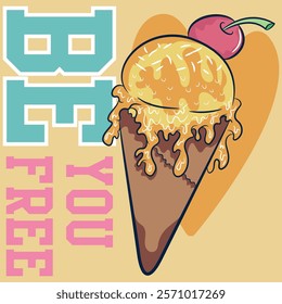 sweet vanilla, mint and strawberry ice cream with a waffle cone, with natural fruit in illustration, backgrounds with texts I have college like trendy numbers and pastel colored textures.