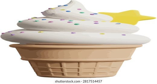 Sweet vanilla soft serve ice cream in a waffle cone topped with vibrant sprinkles and a decorative yellow star.