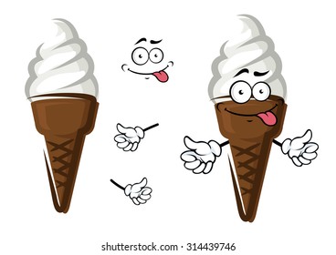 Sweet vanilla soft serve ice cream cartoon character in chocolate wafer cone for dessert menu or snack theme design