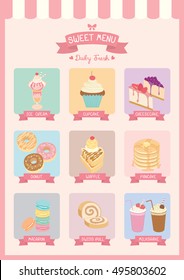 Sweet various dessert and drink  menu cafe decoration with awning on pastel backgound colors.Illustration vector.