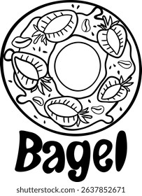 Sweet vector bagel. Hand drawn. Donuts with cream cheese, strawberry, seeds and lettering. Isolated on white background.