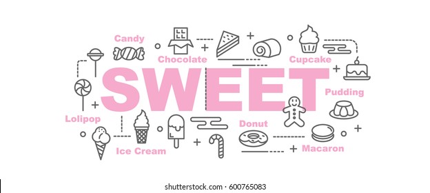 sweet vector banner design concept, flat style with thin line art icons on white background

