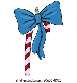 SWEET VECTOR CANDY CANE ON WHITE BACKGROUND WITH A BLUE BOW. CHRISTMAS CANE RED AND WHITE