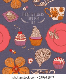 Sweet vector card in awesome colors. Tasty cupcakes, tea cups and berries in stylish vintage style. 