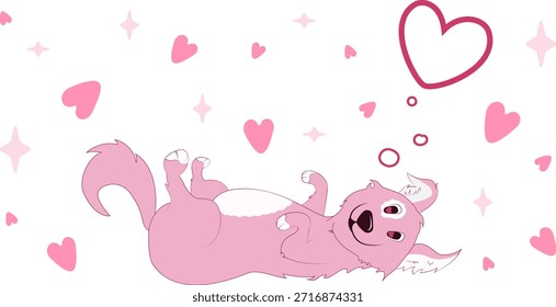 Perro rosado de dibujos animados de Vector dulce acostado en su espalda soñando con amor con una burbuja de pensamiento del corazón, perfecto para el día de San Valentín y románticos gráficos temáticos de mascotas.