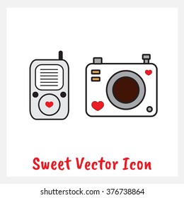 Sweet vector collection of flat line icons. Elements for mobile and web. Sign photo camera, MP3 player 