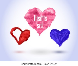 Sweet vector colored watercolor hearts set with text for gift cards or other