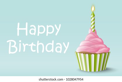 sweet vector cupcake with candle on colored background for birthday