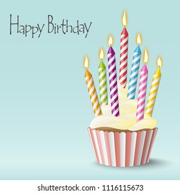 sweet vector cupcake with candle on colored background for birthday