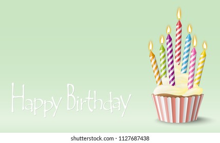 sweet vector cupcake with candle on colored background for birthday