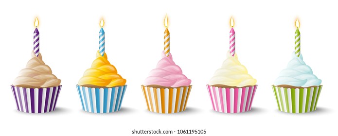 sweet vector cupcake collection with colored candles for birthday