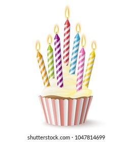 sweet vector cupcake with colored candles for birthday