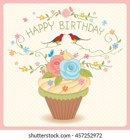 Sweet vector cupcake decoration with flowers and couple birds for happy birthday card