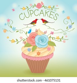 Sweet vector cupcake flowers and couple birds for bakery cafe.Nature background.