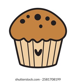 A sweet vector drawing of a simple muffin with a heart-shaped design on top.