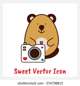 Sweet vector flat line icon. Element for mobile, web. Sign of bear with photo camera  