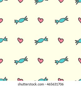 Sweet vector hand drawn romantic hearts and candies seamless pattern over beige background.