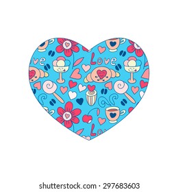 Sweet vector heart. Scrapbook element. Doodle cute heart with ice cream, cupcake and coffee.