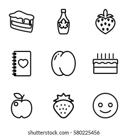 sweet vector icons. Set of 9 sweet outline icons such as strawberry, peach, piece of cake, maple syrup, notebook with heart, cake, smiling emot