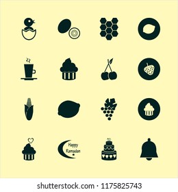 sweet vector icons set. with bell, lemon, cupcake heart and chick egg in set