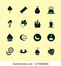 sweet vector icons set. with black currant berry, cherry, pear and basket pineapple banana in set