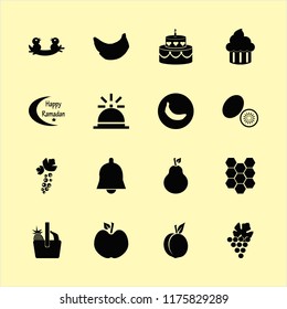 sweet vector icons set. with black currant berry, peach, bell and happy ramadan in set
