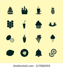 sweet vector icons set. with cake wedding, basket pineapple banana, latte cup and nest chicks in set