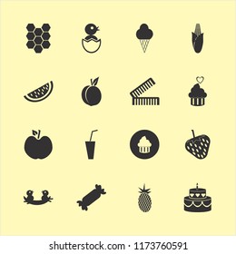 sweet vector icons set. with corn, chick egg, cupcake heart and apple in set