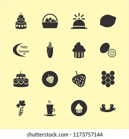 sweet vector icons set. with happy ramadan, cake, kiwi and lemon in set