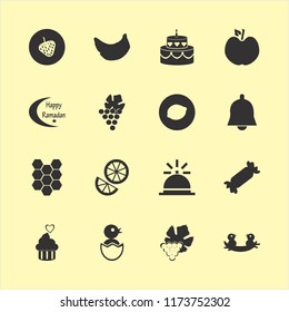 sweet vector icons set. with orange, banana, honeycombs and cake in set