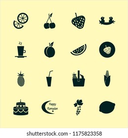 sweet vector icons set. with orange, watermelon slice, latte cup and corn in set