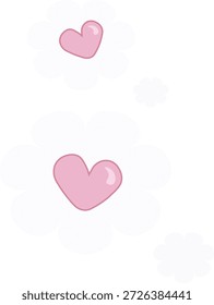 A sweet vector illustration featuring two glossy pink hearts floating inside soft, white cloud-like or floral-shaped bubbles.