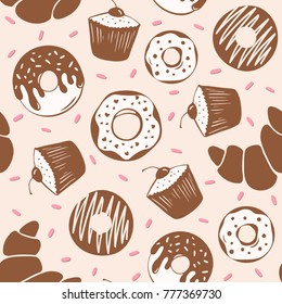 Sweet vector illustration. Vector seamless pattern of brown hand drawn donuts, croissant and muffin on mint background.