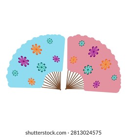 A sweet vector illustration set of two traditional oriental folding hand fans in pastel blue and pink, beautifully decorated with colorful floral embroidery style motifs. Isolated on a white background, this lovely Asian design is perfect for luxury home textiles, baby and kids nursery bedding, elegant drapery, chic summer fashion scarf prints, stationery, and tote bags.