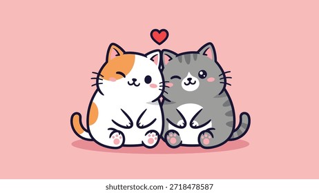 Doce ilustração vetorial de dois adoráveis gatos kawaii, um calico e um tabby, sentado junto com um coração vermelho, simbolizando amor e amizade.