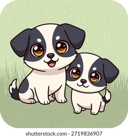 Dulce Ilustración vectorial de dos adorables cachorros sentados juntos en un estilo de dibujos animados amigable.