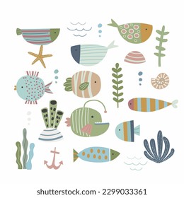 A sweet of vector illustrations featuring a variety of colourful fish and additional ocean elements.
