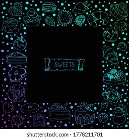 Sweet. Vector isolated illustration with cakes, cupcakes, sweets in  An isolated element. Doodle style. Cakes, cupcakes. Set of sweets for the design of a site or store.