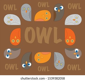 Sweet vector owl characters showing different species. Vector illustration.Brown background.