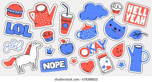 Sweet vector patch set with lettering, food and summer symbols. Isolated illustrations for stickers, embroidery, badges, pins and clothing