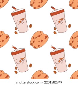 sweet vector pattern. coffee glass, tubule, cookies with chocolate on a white background. vector design, textile, print. confectionery packaging ideas