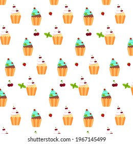 Sweet vector pattern . Cupcakes . Cherries , strawberries . Baner for a restaurant . Packaging textiles for boxes in a cafe. Sweets to go .